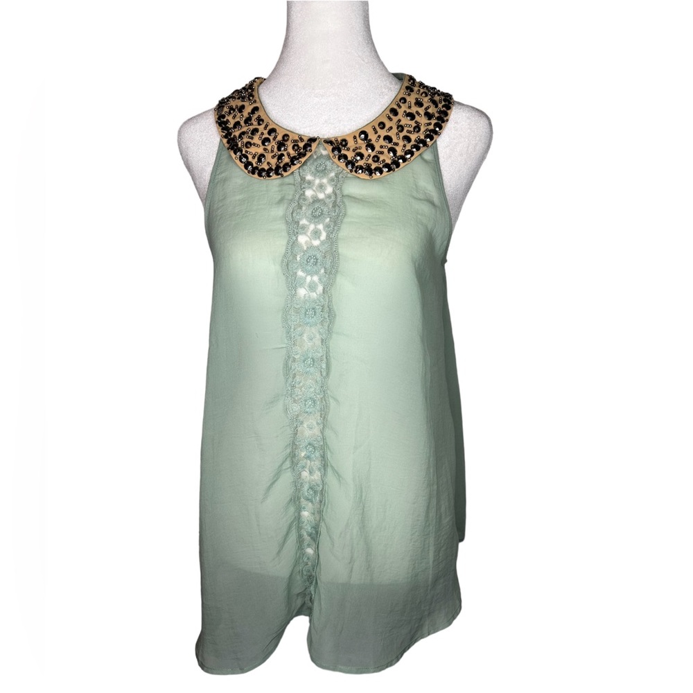 Charming Charlie mint green sleeveless top studded collar crochet Size Small